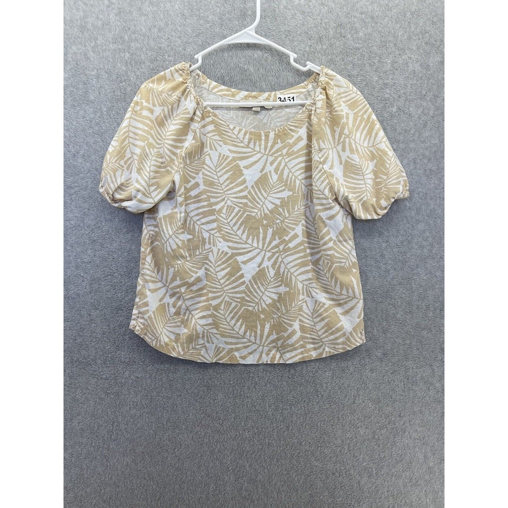 LOFT Ann Taylor Women's Blouse Palm Fronds Size XS Short Puffy Sleeve Linen Blen